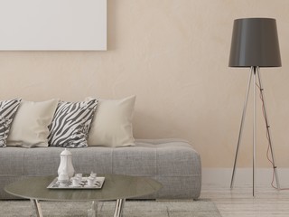Stylish sofa on a background of decorative plaster.
