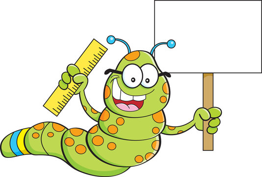 Cartoon illustration of an inchworm holding a sign and a ruler.