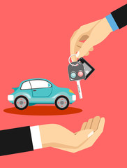 Dealership agent giving car key to a customer with a car in the background concept. Hand giving car keys to another hand. Flat design