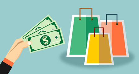 Deal flat illustration.Hand holding money and hand holding paper bag.