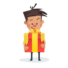 Happy boy holding a christmas gift box in hands.