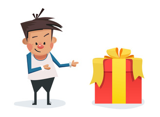 Happy little boy points to a gift box