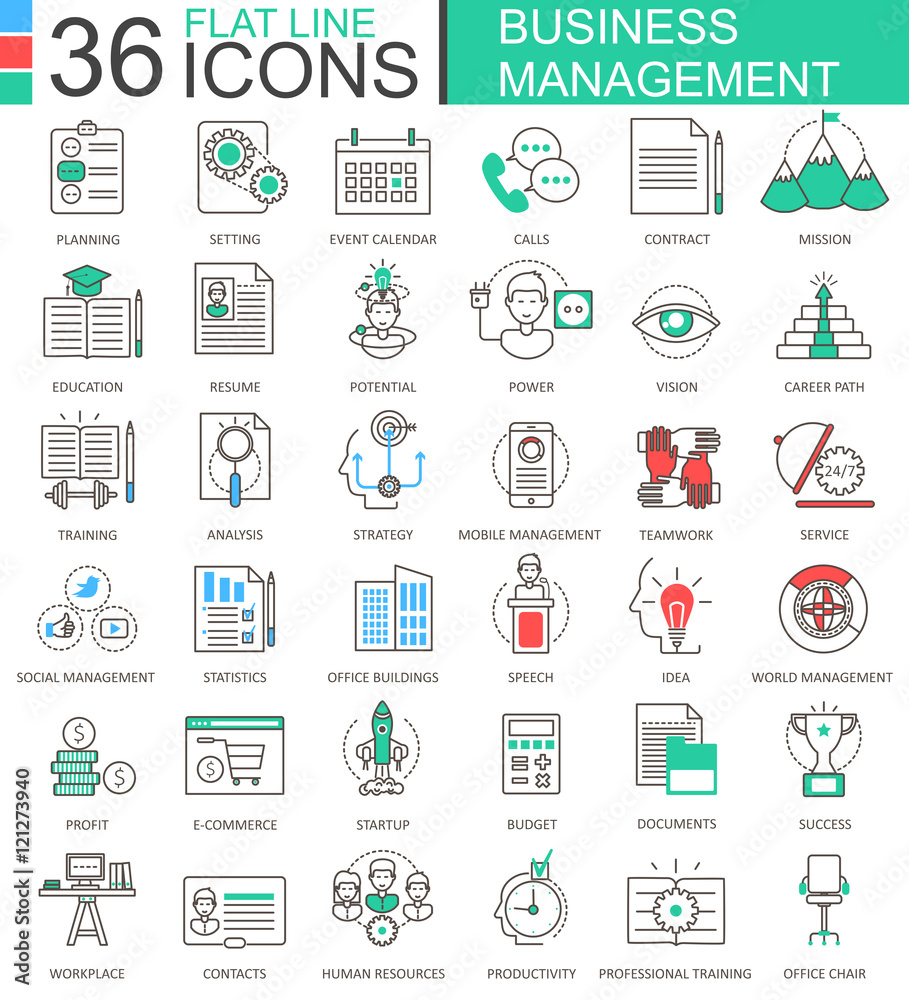 Aufkleber Vector Business management modern color flat line outline icons for apps and web design.