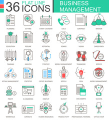 Vector Business management modern color flat line outline icons for apps and web design.