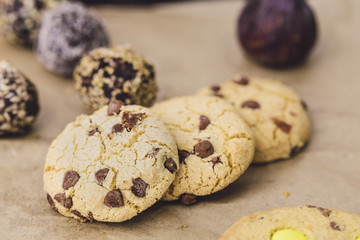 Chocolate cookies close up on a brown paper background