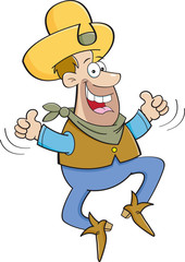 Cartoon illustration of a cowboy jumping with two thumbs up.