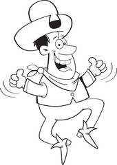 Black and white illustration of a cowboy jumping with two thumbs up.