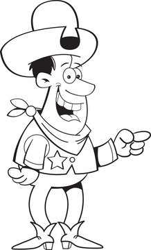 Black and white illustration of a cowboy pointing.