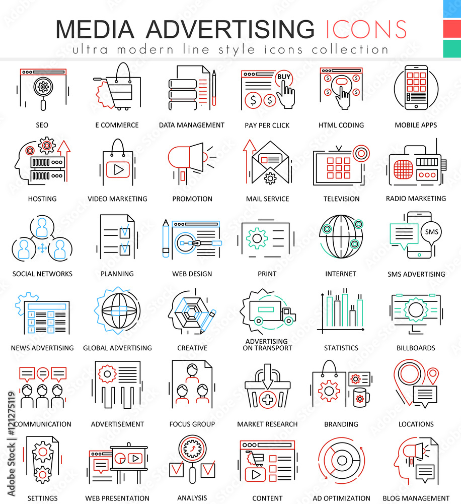 Poster vector media advertising ultra modern color outline line icons for apps and web design.