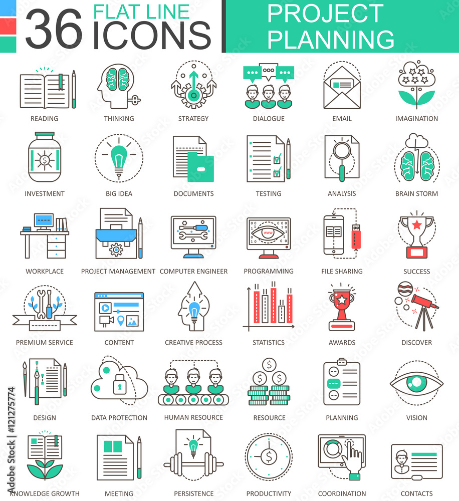 Aufkleber Vector business finance project planning modern color flat line outline icons for apps and web design.