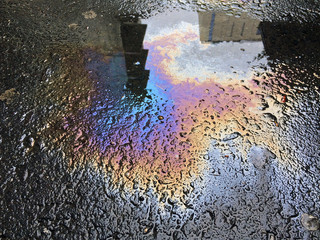 Puddle and oil spill on asphalt 