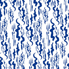 Seamless pattern Tribal Art Ikat Ogee in traditional classic blue and white colors. Boho style.