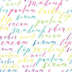 Pattern with handwritten words about beauty, cosmetics and makeup.