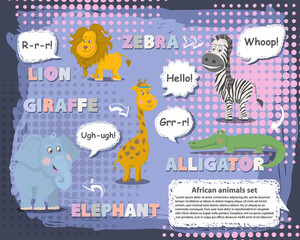 African animals set with talking bubble ,voice and name.Vector animals character .Wild cute animals cartoon collections vector. Zoo animals set mammal flat vector illustration.African animals.Wildlife
