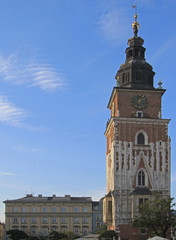 Town hall tower on main market square in Krakow, Poland