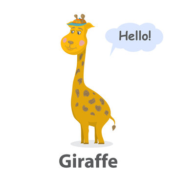 Giraffe vector illustration.Cute cartoon Giraffe wild mammal.Safari animal.Zoo animal.Savanna animal with long neck.Giraffe with speech bubble.From the series what the say animals