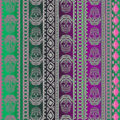 Seamless vector tribal texture. Vintage ethnic seamless backdrop. Tribal seamless texture.  Striped vintage boho fashion style pattern background with skull doodles elements.