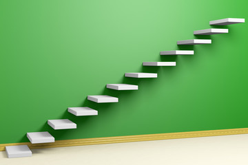 Ascending stairs of rising staircase in green empty room with be
