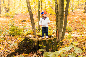Naklejka na ściany i meble Cute baby girl in the autumn forest