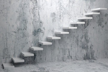 Ascending stairs of rising staircase in dark rough empty room 3d