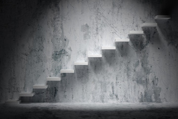 Ascending stairs of rising staircase in rough dark empty room wi