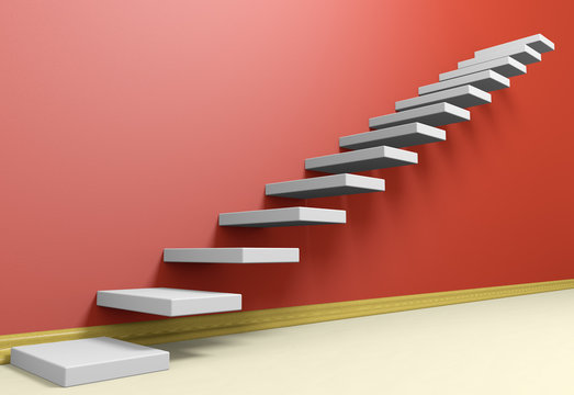 Ascending stairs of rising staircase in red empty room with beig