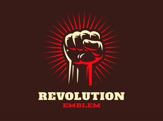 Fototapeta premium Revolution hend up emblem illustration on dark background