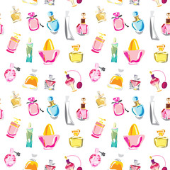 Seamless pattern with of different type of parfume bottles