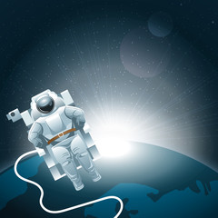 Digital vector planet earth icon with white light and an astronaut moving in space, over stelar background, flat style.