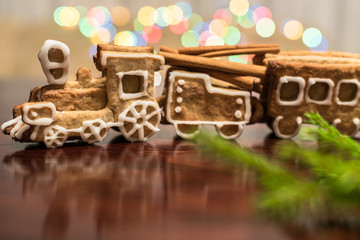 Gingerbread Cookie in the form of train. Christmas cookies. Holidays sweets