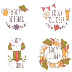 Set of hand drawn card with beer mug and pretzels with floral frame and flags, dirndl, traditional bavarian clothing isolated on white background. October. Boozy october.