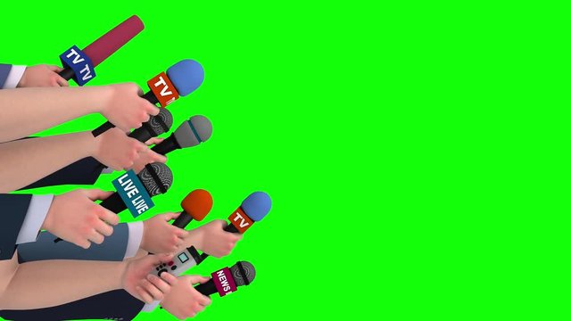 Reporters interview with microphones on green screen, side view, looping, 3D