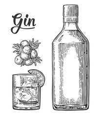 Glass and bottle of gin and branch of Juniper with berries