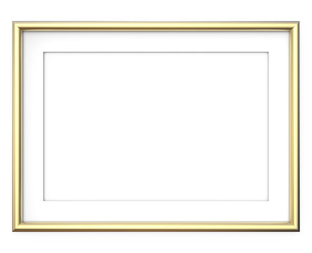 Golden Picture Frame. 3D render of Golden Frame with white Passe-partout. Rounded profile. Blank for Copy Space.