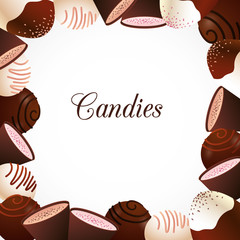 Assorted chocolate candies frame design on white background. Vector