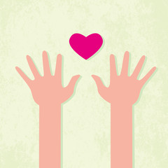 Two hands and heart on grunge background. Love, charity, donation, volunteering concept. Vector ilustration