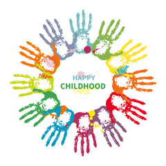 Colorful handprints with blots of paint, round frame. Happy childhood. Vector