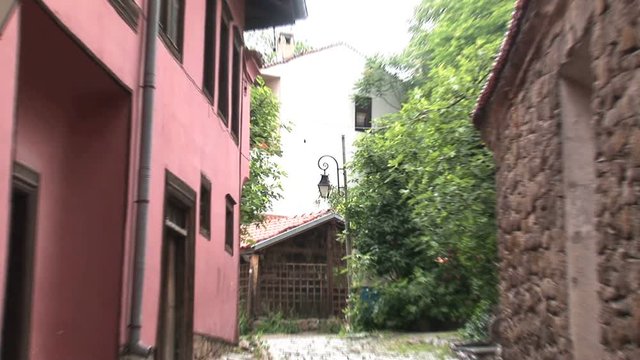 Zoom out in a Old street in plovdiv Bulgaria