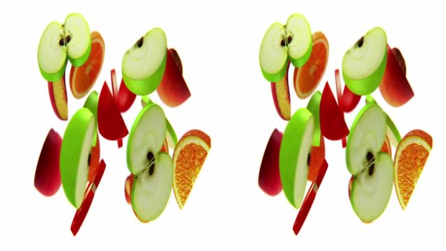 Horizontal anamorphic stereo pair, fruits rotate on white, seamless loop, 3D