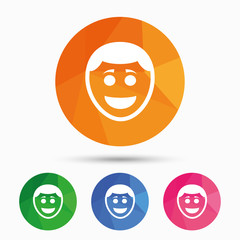 Smile face icon. Smiley with hairstyle symbol.