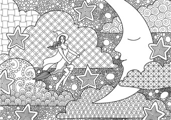 Pretty with flying through sleeping crescent at night, design for adult coloring book pages for anti stress and design element for Halloween card