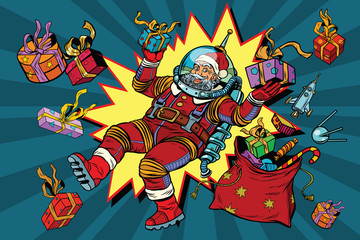 Space Santa Claus in zero gravity with Christmas gifts