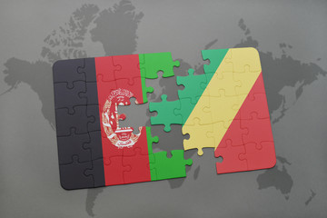 puzzle with the national flag of afghanistan and republic of the congo on a world map background.