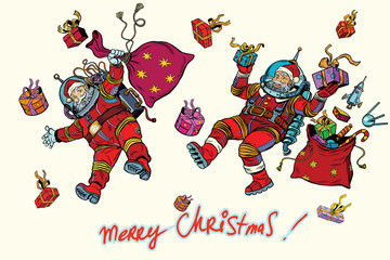 Space Santa Claus in zero gravity with Christmas gifts © studiostoks