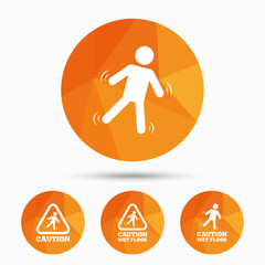 Caution wet floor icons. Human falling signs.