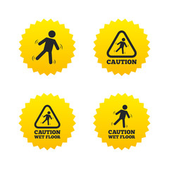 Caution wet floor icons. Human falling signs.