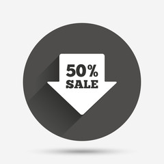 50 percent sale arrow tag sign icon.