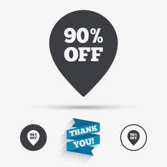 90 percent sale pointer tag sign icon.