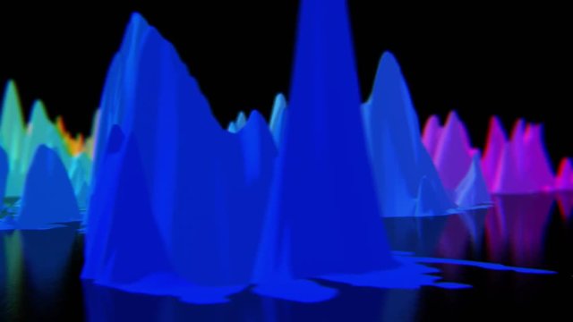 Colorful abstract hills oscillate madly on black surface, CG, seamless loop
