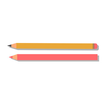 Vector yellow pencil illustration office supply design. Colored plastic pencil and ballpoint green pencil. Color pencil education equipment and design school.